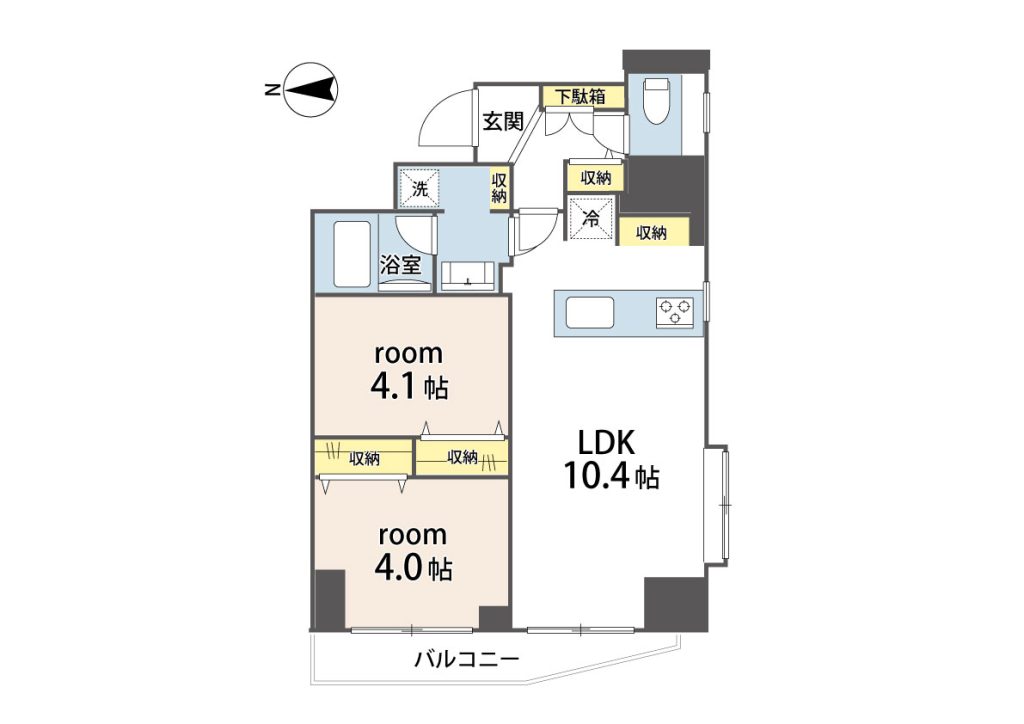 画像:全居室収納付きで収納スペース充実! 南東向きバルコニーで陽当たり良好の2LDKプランです◎
