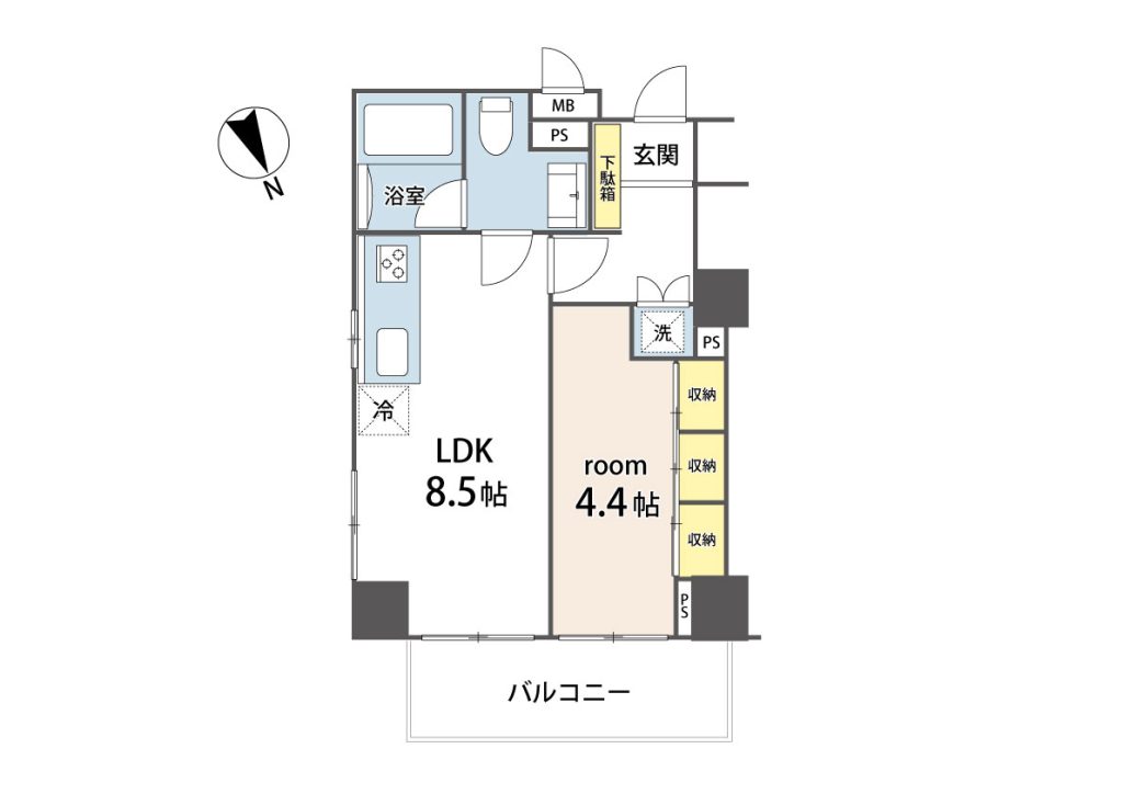 画像:洋室とLDKを分けて使える機能的な1LDK。豊富な収納と開放感ある対面キッチンを備えた、都心居住に最適なプランです◎
